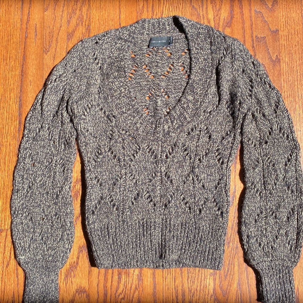 The Limited Vintage Brown Open Knit V-Neck Sweater. Balloon Sleeve, Size S